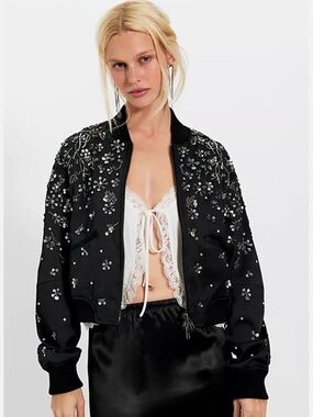 Free People Black Embellished Stassi Bomber Jacket S